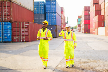 Shipyard workers are working together and checking a containers in container yard.