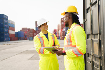 Shipyard workers are working together and checking a containers in container yard.