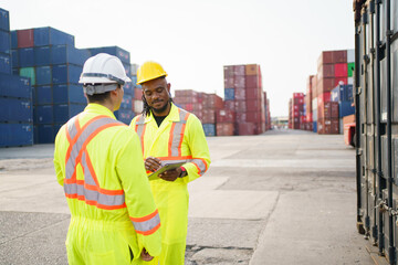 Shipyard workers are working together and checking a containers in container yard.