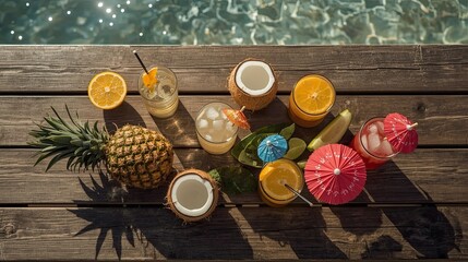 Overhead View of Refreshing Summer Tropical Cocktails by the Poolside