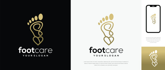 Fototapeta premium Foot care love logo design. Podiatry foot care logo template. Foot love logo symbol icon