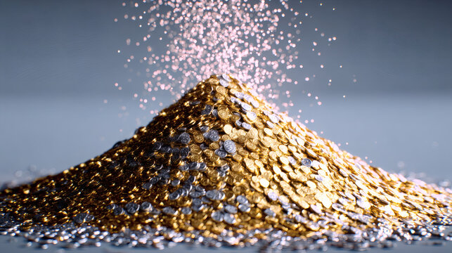Wealth accumulation event financial growth digital space coins and gold close-up view prosperity concept