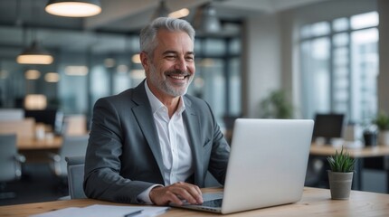 Portrait of mature business man ceo manager in suit using laptop computer in modern office. Middle aged smiling senior businessman entrepreneur working on pc, looking at camera