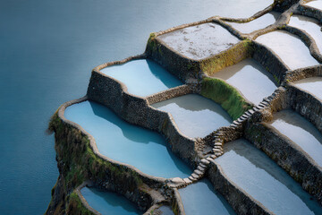minimalist photographic depiction of rice terraces in philippines during soft twilight viewed from above