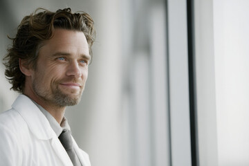 psychiatrist in serene setting positioned on left side of frame gazing thoughtfully out window