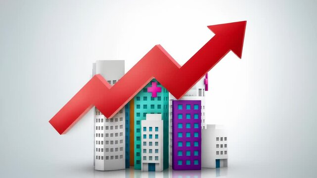 A red upward arrow rises above stylized buildings and hospitals, symbolizing growth in healthcare and urban sectors.