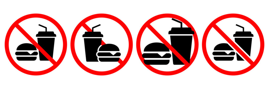 No food or drink allowed sign. No eating or drinking sign. No food or drink logo, label, badge, sticker, symbol, emblem, stamp, banner, circle, black, line, flat vector, isolated illustration.