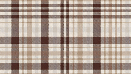 Elegant plaid pattern with bold dark brown lines and smaller light brown and beige fill rectangles. Textured like textile, with a classic and timeless look. No background.
