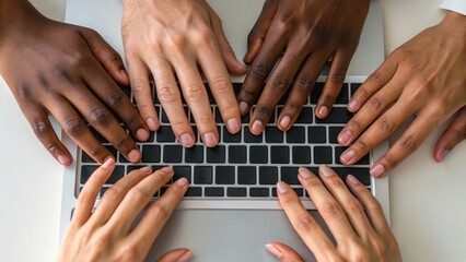 Diverse hands collaboratively typing on a laptop keyboard, showcasing teamwork and digital communication.