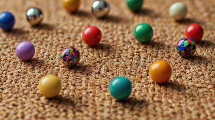 Colorful marbles scattered on a textured surface create a playful, vibrant scene emphasizing fun and leisure.