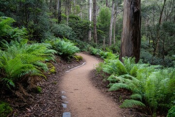 Fototapeta premium Explore the lush hiking trail winding through Tasmania's serene forest landscape, Tasmania Australia forest nature hiking trail path way through jungle