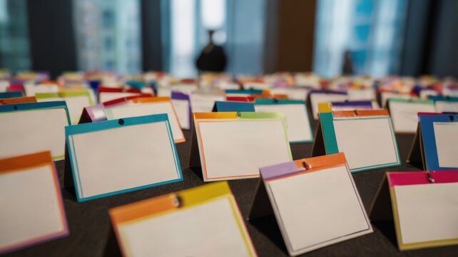 A display of colorful blank name tags arranged on a table, likely for an event or conference.
