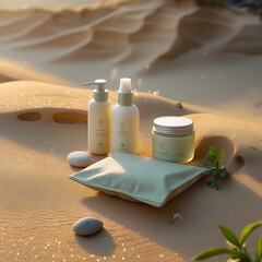 White towel and green leaf beside a bottle of water, lotion, and cream, for a healthy beauty spa treatment