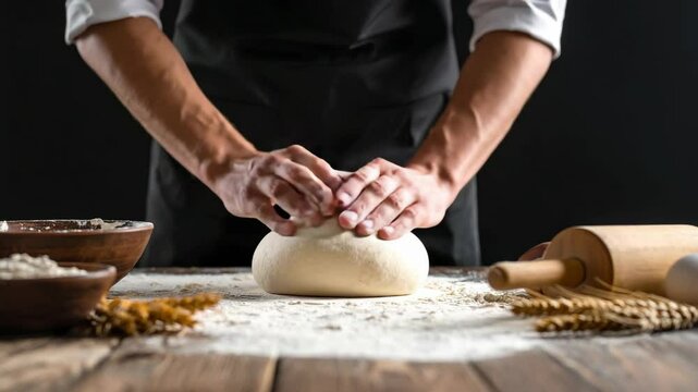 Chef kneading dough in kitchen, close-up of hands preparing fresh bread dough, culinary cooking process, bakery preparation, professional chef at work, food preparation concept.