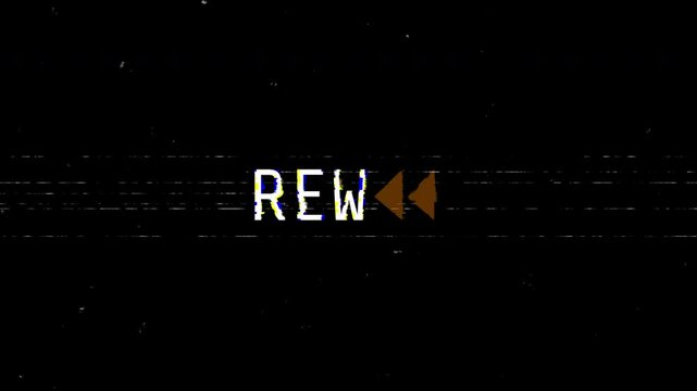 rew text animation. VHS tape rewind 4K animation with dynamic glitch distortion effect. 