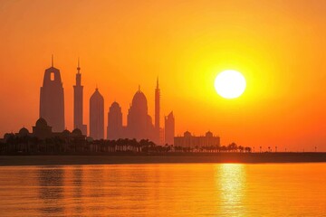 Obraz premium Sunrise illuminates Abu Dhabi skyline with silhouetted skyscrapers and serene waterfront, Abu Dhabi silhouetted cityscape at the sunrise, view from the seaside