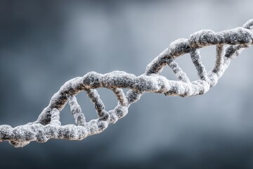 A 3D rendering of a DNA strand, appearing frosted or icy, against a muted gray-blue backdrop.  The double helix structure is visible, with textured, rough,  and slightly lumpy segments