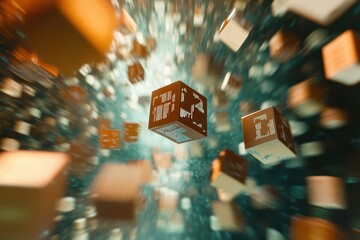 Floating digital cubes represent data storage and processing in a futuristic environment with hex codes, Cubes with hex code in mid air Digital data storage visualization Seamless 3D render
