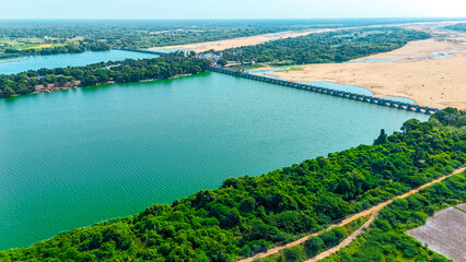 An aerial view of a large dam in Tamil Nadu, South India.