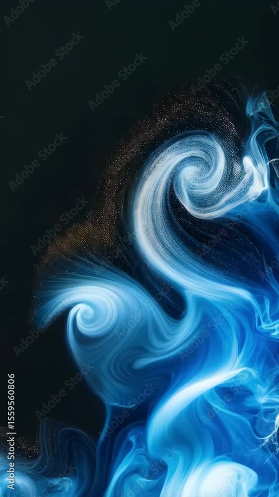 Poster swirling luminous blue and white smoke patterns flow against a dark backdrop, creating ethereal and 