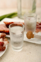 Shots with cold vodka on light background