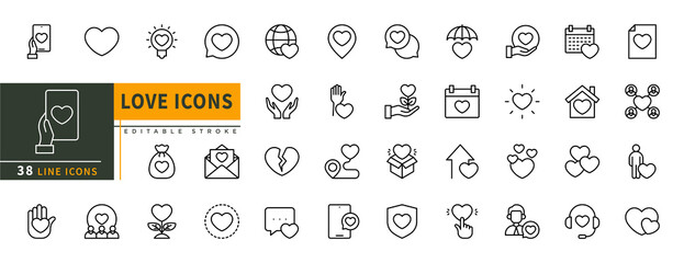 Minimalist Love line icon set with editable stroke, featuring Friendship, Heart, couple, romantic love, charity, donation, social networks, etc. illustration.