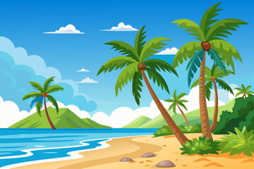 Tropical Beach Vector with Palm Trees and Blue Ocean
