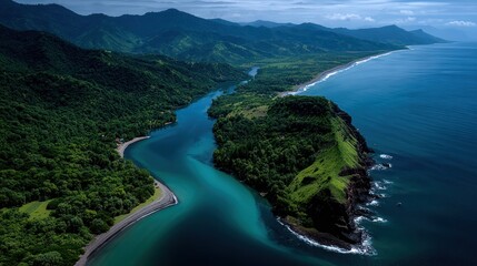 Fototapeta premium Lush tropical coastline with turquoise river