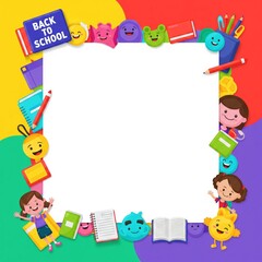 Obraz premium Fun Back to School Border with Cute Cartoon Characters and School Supplies