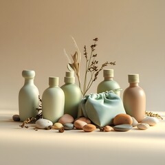 Spa still life with perfume bottles flowers and wellness accessories on white background