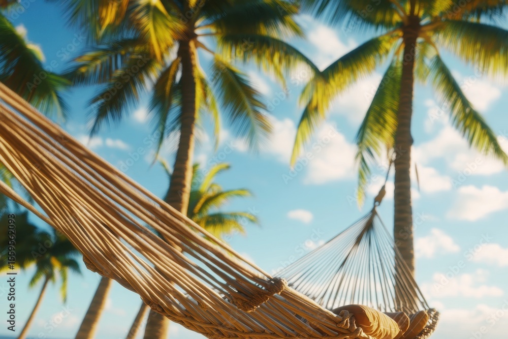 Poster serene hammock setup surrounded by palm trees on a bright sunny day in paradise, serene hammock setu