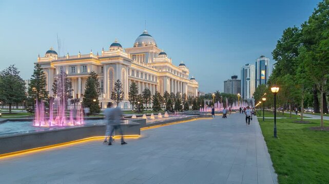 New parlament building of Tajikistan in Dushanbe. Evening hyperlapse of the parlament building with fountains.