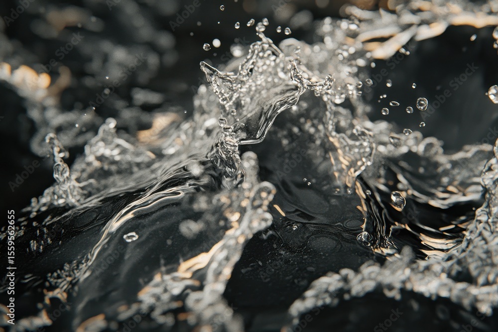 Poster splashes of water create dynamic patterns against a black background in slow motion, water splashing