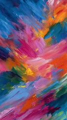 High quality photo of abstract Painting with Vibrant Pink Blue and Orange Brushstrokes.