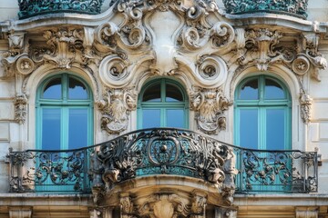 Obraz premium Ornate architectural details showcasing intricate craftsmanship on a building facade, Ornate architectural details on building facade