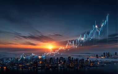 City skyline at sunrise with financial data overlay