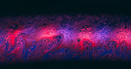 Fluorescent swirl. Vibrant ink. Colorful soap stream multilayer art reflection. Pink purple glow...