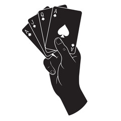 Black and white illustration of a hand holding playing cards of various suits