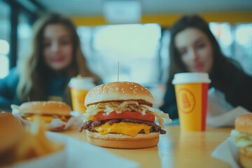 Friends enjoying fast food and drinks at a restaurant table during a casual gathering, Young women friends at fast food restaurant table eating burgers slow motion