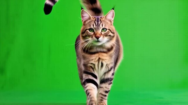 Tabby cat walking towards camera on green screen studio background with tail up and green eyes green screen animal video