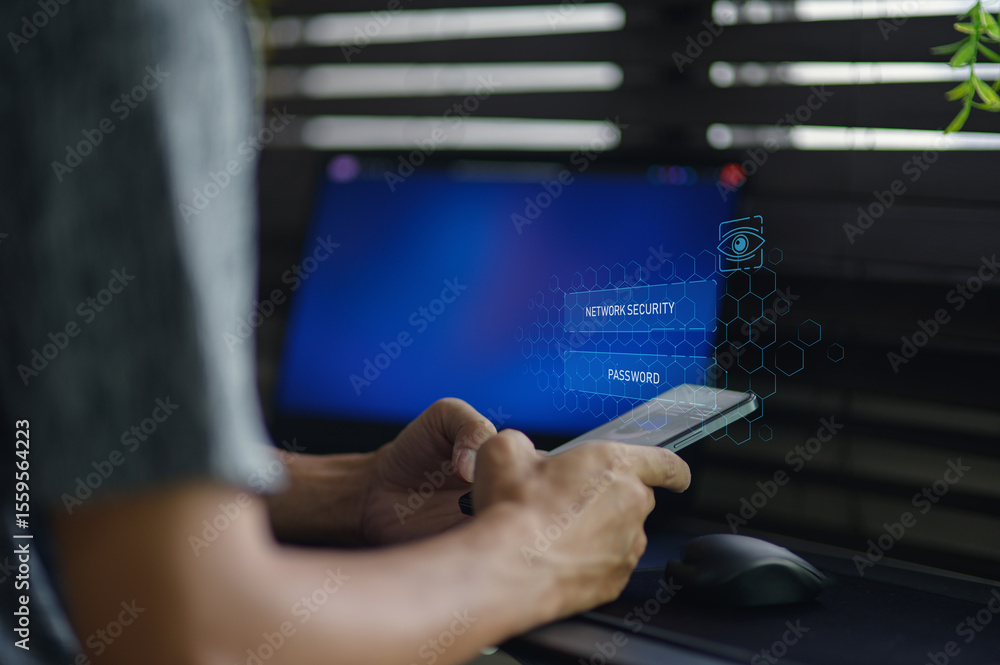 Poster person using smartphone to access network security technology concept