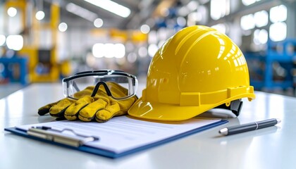 Yellow hard hat, protective gloves, safety goggles, and a clipboard with a checklist—neatly arranged on a clean surface or a light industrial background.	
