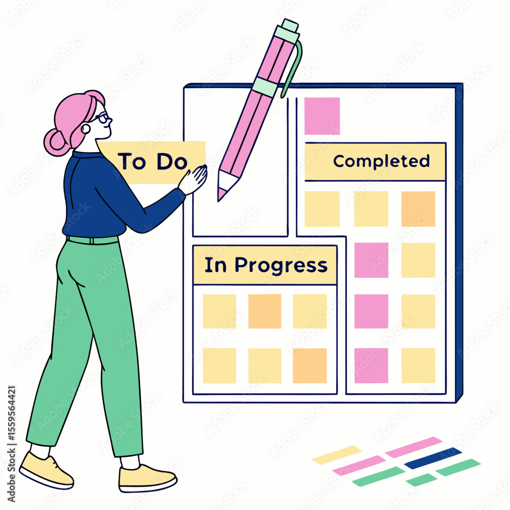 Poster woman using a kanban board to organize tasks in to do in progress and completed columns with colorfu