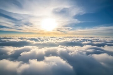 Puffy white clouds drifting beneath a vibrant blue sky during sunset over a serene landscape, Puffy white clouds moving beneath across the sky, aerial view
