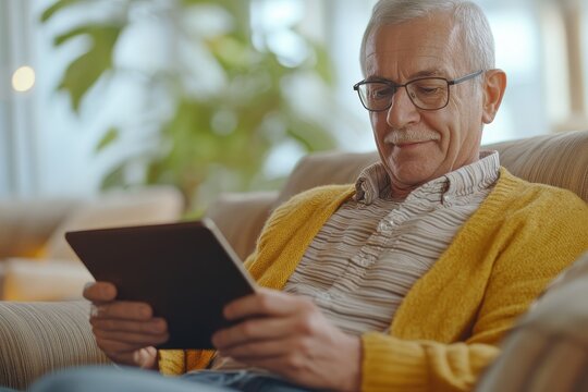 Senior man enjoys reading on a tablet in a cozy living room setting, Senior man using modern tablet with living room background at home - Powered by Adobe