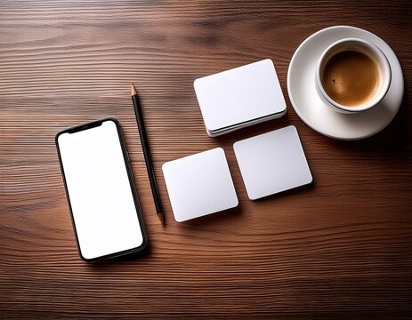 Business mock up photography featuring blank white business cards, smartphone, and coffee cup arranged neatly on wooden desk