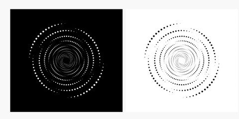 Modern abstract background. Halftone dots in circle form. Spiral logo, icon or design element. Black dots on a white background and white dots on the black side.