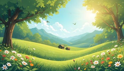 Bright Vector Summer Nature Background with Greenery, Sunshine, and Blue Sky Elements