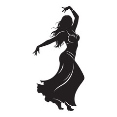 Elegant silhouette of a belly dancer performing gracefully with flowing hair and dress