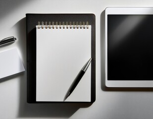 Professional branding mock up photo with empty notepad, pen, business card and tablet on white table
